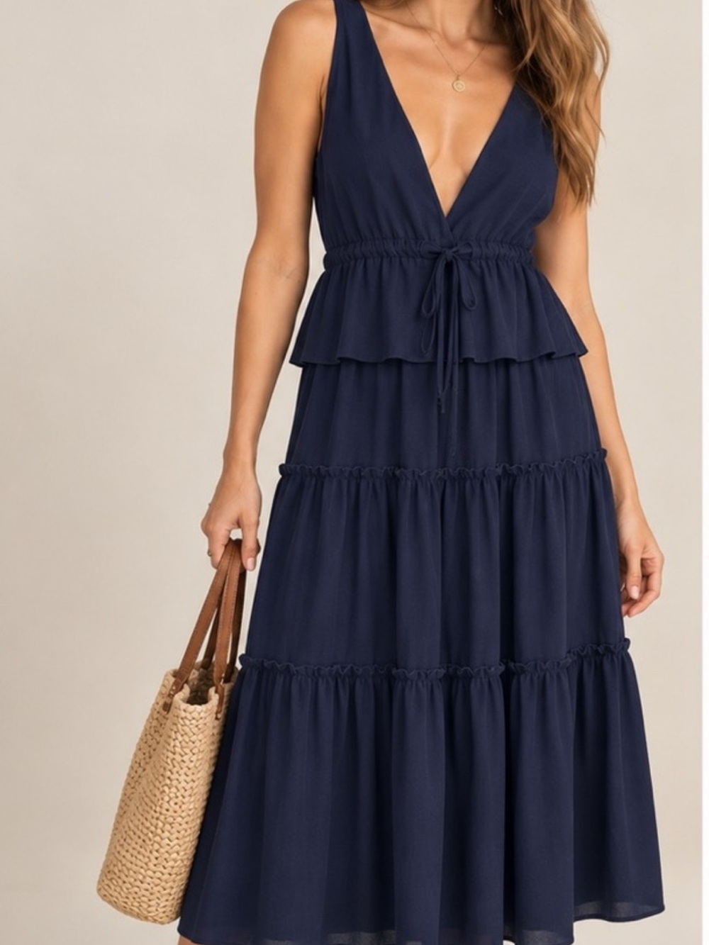 Sage The Label Navy Tiered Maxi Dress Deep V Peplum Waist